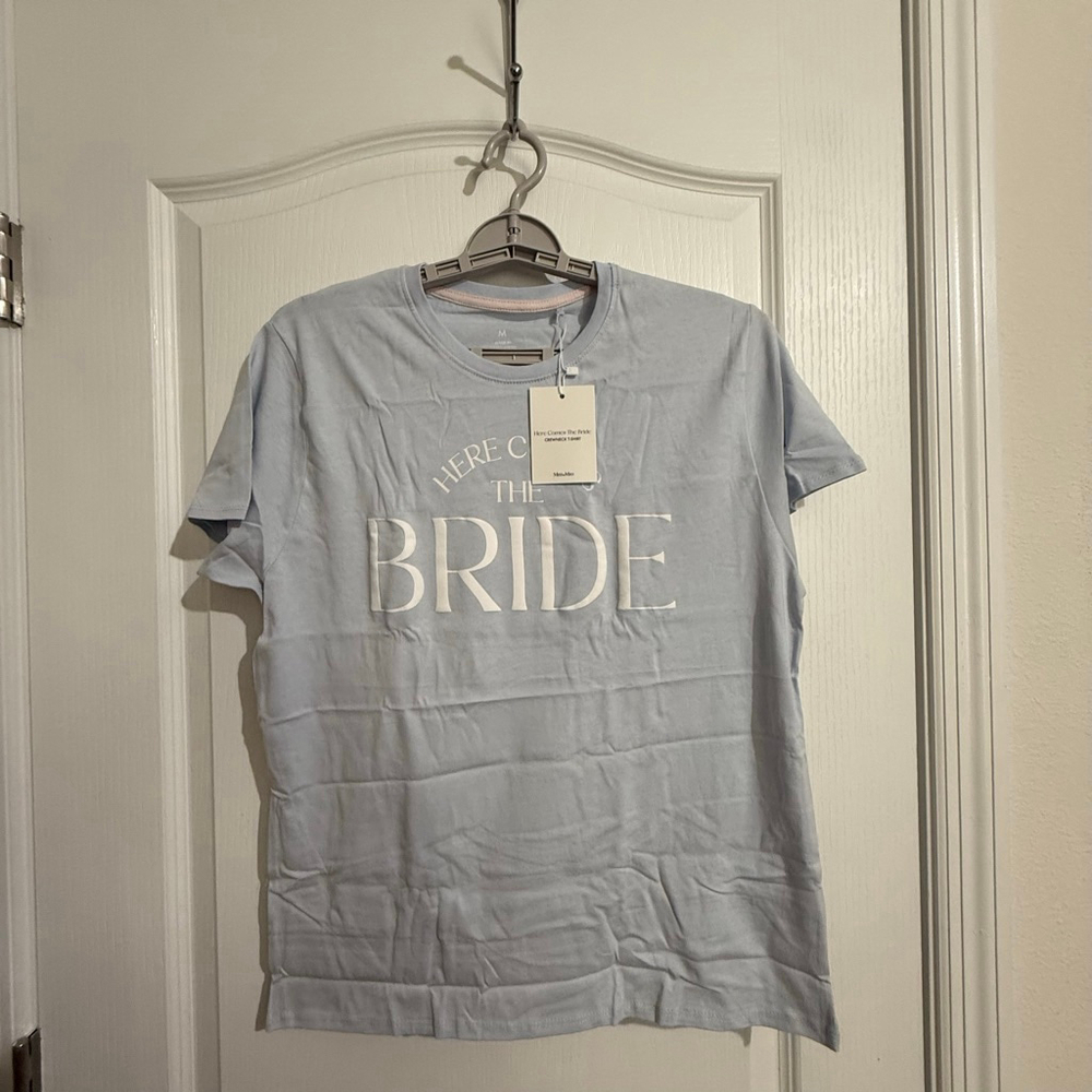 Women's Miss to Mrs "Here Comes The Bride" Light Blue White Short Sleeve Tee M